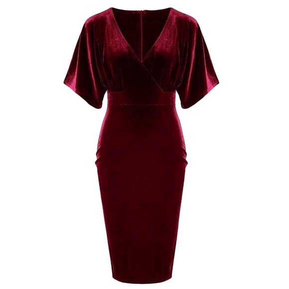 Gowntown Dresses & Skirts - GOWNTOWN Burgundy Stretch Velvet Butterfly Sleeve Surplice LARGE Pencil Dress